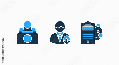 Business and Sustainability Icons: Presentation, Eco-Friendly Person, and Time Management for Corporate Values