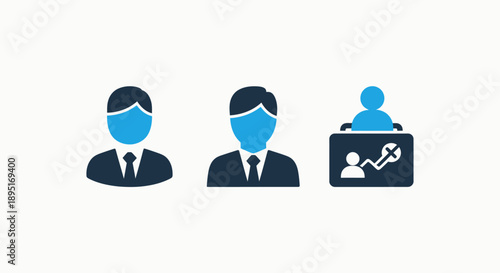 Icons of businessmen, one with a briefcase containing a chart and key, representing business analysis, strategy, and performance tracking.