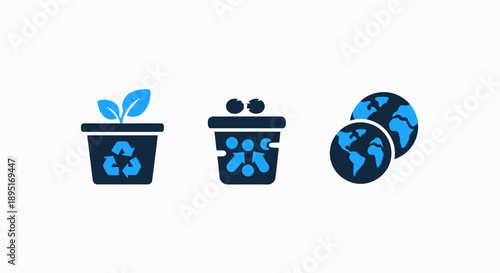 Icons representing environmental consciousness: recycling, waste management, and global ecology, symbolizing sustainability and planet care.