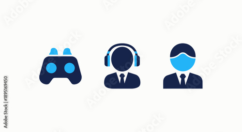 Icons featuring a game controller, person with headphones, and person wearing a mask, representing gaming, customer support, or online interaction.
