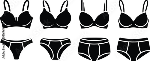 A range of black silhouette icons illustrating various womens bras and different styles of underwear for both men and women