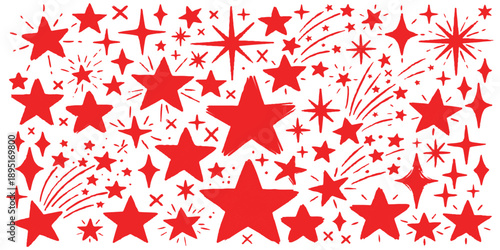 Red hand-drawn vector stars set with various shapes, sizes, and shooting star trails on a white background