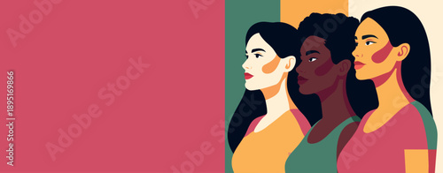 Vibrant abstract vector banner with space for text for International Women's Day, March 8. Women of diverse ethnicities, cultures, skin color united. Movements for gender equality, women's empowerment