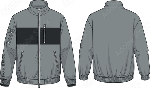 Technical grey bomber jacket with black chest panel and multiple zipper pockets front and back view vector illustration template