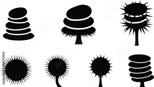 set of zen stones and different mushrooms on white background