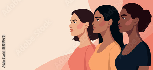 Women's Day, March 8, Equality Day. Vector banner with space for text, pastel palette. Women of different cultures, skin colors stand together. Symbol diversity, feminism, freedom, women's empowerment