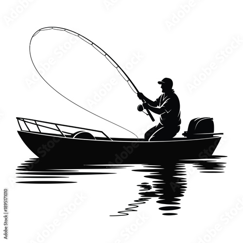 fisherman in boat casting fishing rod on water surface with gentle ripples reflecting silhouette of person enjoying outdoor activity and hobby