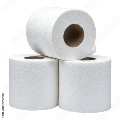 Three rolls of soft white toilet paper stacked together, one unrolling. Isolated on transparent background