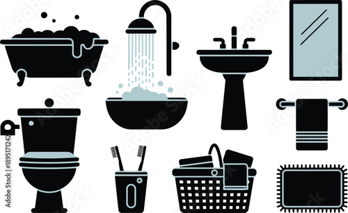 A set of modern bathroom icons featuring fixtures and household items with light blue accents on white