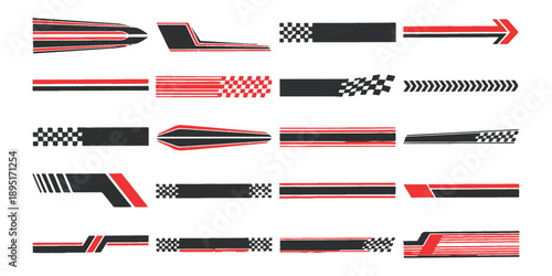 Automotive racing stripes and car decal collection vector illustration with checkered pattern