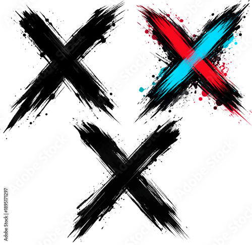 Set of bold brushstroke X shapes with black, red, and cyan paint splatters on a clean white background, dynamic and abstract.