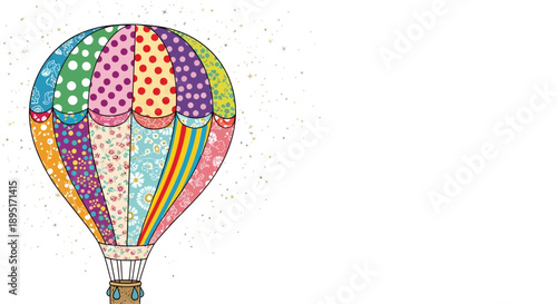 Vibrant colorful hot air balloon with various patterns and stars