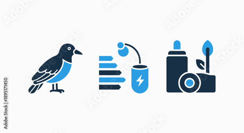 A collection of minimalist icons: a bird, energy consumption graph, and sustainable energy storage, in blue and dark blue tones.