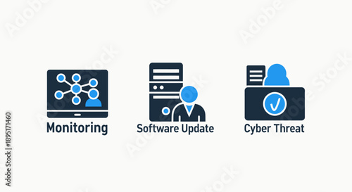 Cybersecurity and IT icons for network monitoring, software updates, and cyber threats, with a user interface theme in dark blue and blue.