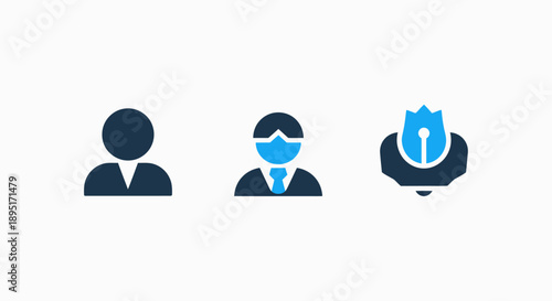 Stylized icons of business professionals in suits, one representing a generic individual and another with a tie, alongside a lightbulb icon symbolizing ideas.
