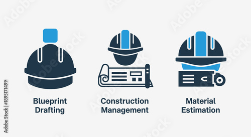 Construction icons for blueprint drafting, project management, and material estimation, featuring hard hats and plans in blue and dark blue.