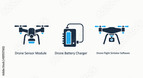 Icons illustrating drone components: sensor module, battery charger, and flight simulator software for aerial technology.