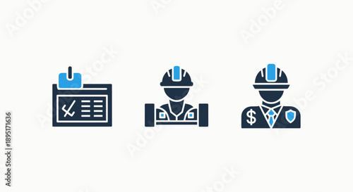 Icons for construction and finance: schedule checklist, construction worker, and security officer with dollar sign.