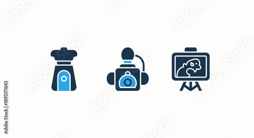 Flat icons representing kitchen tools: spice grinder, camera accessory, and painting on an easel for creative or still life themes.