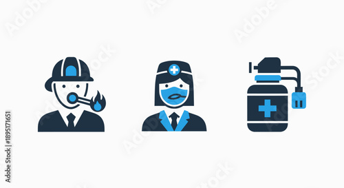 Set of icons representing emergency services: firefighter with flame, nurse with medical cross, and disinfectant spray.
