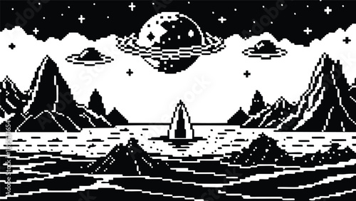 Pixel Art 1-Bit Alien Ocean UFO Invasion Landscape Background