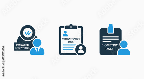 Security and authentication icons: password encryption, authentication logs, and biometric data for digital identity.