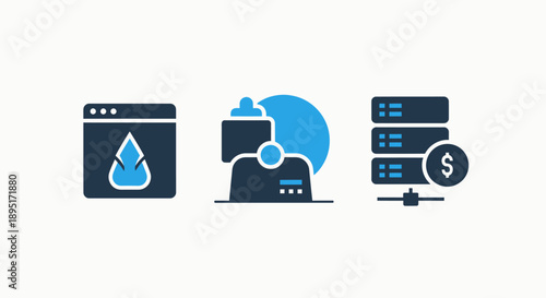 Icons for digital finance and data: a browser window with a water drop, a digital wallet, and a server rack with dollar sign. Fintech and data management.