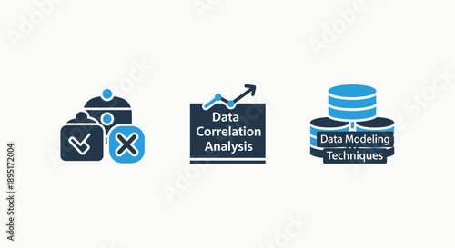 Icons for data analysis and modeling: checked and crossed boxes, data correlation analysis chart, and stacked data servers. Big data and business intelligence.