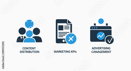 Icons for marketing and content: groups of people for content distribution, marketing KPIs on a document, and advertising calendar management. Digital marketing strategy.