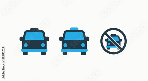 Set of icons representing taxi services, including two available cars and a no-entry sign for unavailable taxis, with a clean, modern design.