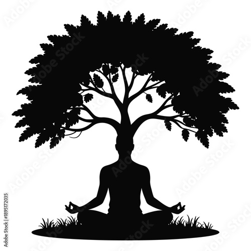 silhouette of person meditating under large tree with sprawling branches representing peace and nature connection in zen pose on grassy ground outdoors
