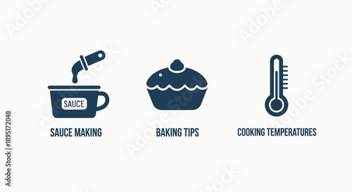Culinary icons for cooking: sauce making with a pipette, a decorated cupcake for baking, and a thermometer for cooking temperatures.