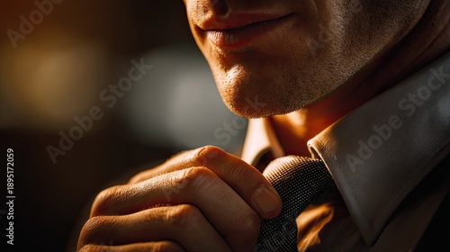 Poised Professional: A close-up shot of a poised individual, hands adjusting the tie, exuding an air of sophistication and focus, perhaps readying for a moment of significance.