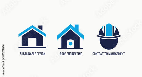 Construction industry icons: sustainable home design, roof engineering, and contractor management, suggesting professional services.