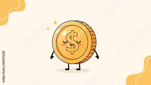 Adorable golden dollar coin character stands peacefully with its eyes closed against a warm cream-colored background with abstract shapes.