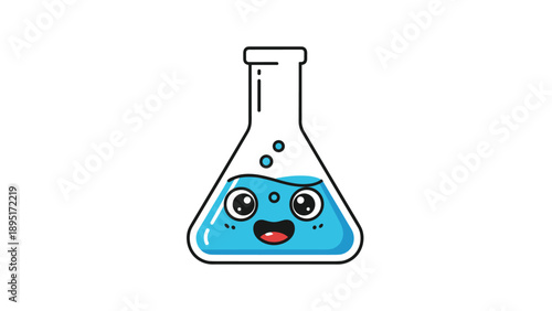 Joyful cartoon science flask character filled with blue liquid smiles brightly to encourage interest in chemistry and laboratory learning.