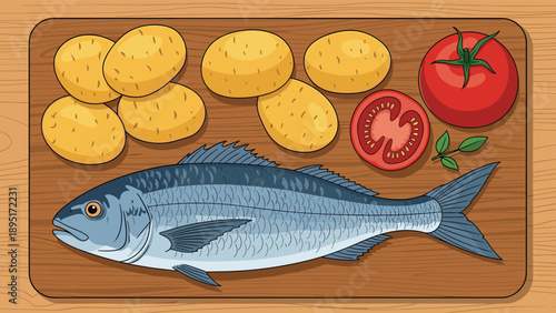 Fresh raw sea fish, whole potatoes, and juicy red tomatoes arranged together on a rustic wooden cutting board for a healthy meal.