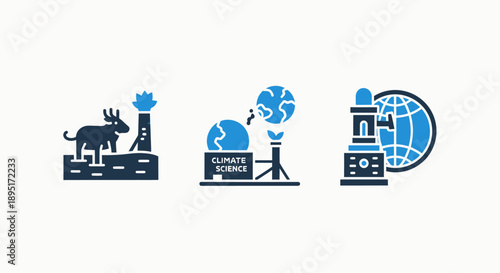 Icons related to climate science and environmental issues: a polar bear near an industrial plant, global warming effect, and a lighthouse with the Earth.