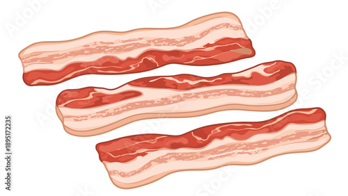Three long slices of fresh raw streaky bacon with marbled fat and meat layers isolated on a plain white background.