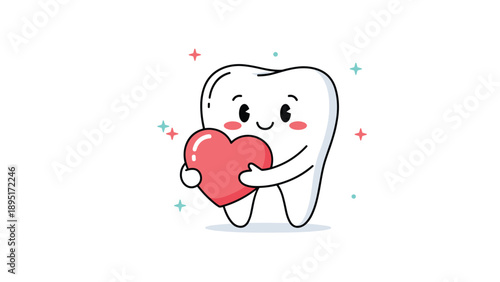 Adorable cartoon tooth character embraces a large red heart with a warm smile, representing the importance of loving dental health.