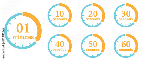 Timer icon set, Timer, clock, stopwatch isolated, alarm timer from 10 to 60 second. Countdown minutes timer symbol. Vector Illustration.