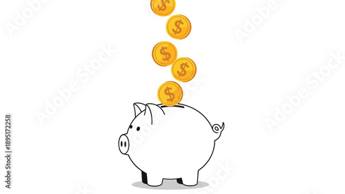 Golden dollar coins fall from the top into a white ceramic piggy bank representing the concept of savings and financial planning.