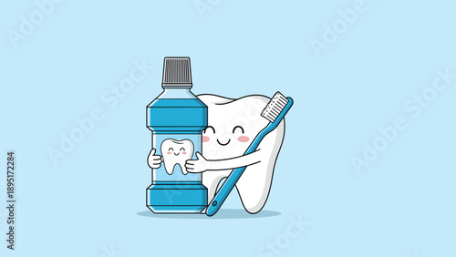 Happy cartoon tooth character holds a blue toothbrush while hugging a bottle of refreshing mouthwash for complete oral protection.