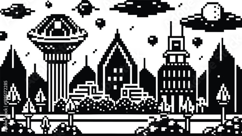 Pixel Art 1-Bit Futuristic City Tower Planet Landscape Scene