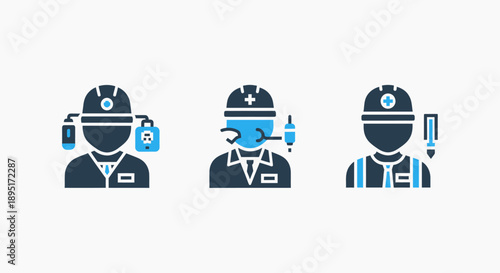 Construction worker icons: welder, engineer with tools, safety officer. Flat design, dark blue and cyan.