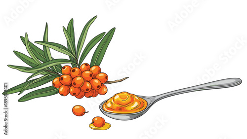 Ripe orange sea buckthorn berries with green leaves and a silver spoon filled with healthy homemade berry jam on white.