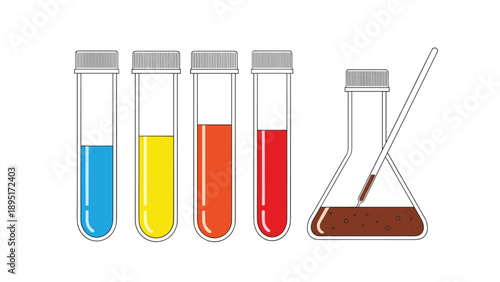 Four glass test tubes and a laboratory flask filled with blue yellow orange and red chemicals for scientific analysis.