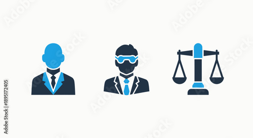 Business and law icons: businessman, legal professional, scales of justice. Professional services, corporate, and legal concept.