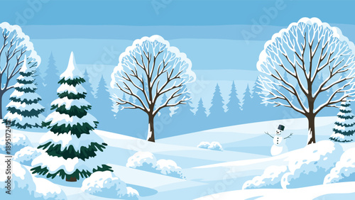 Peaceful winter landscape featuring snow covered pine trees and bare branches under a soft blue sky with a distant snowman.