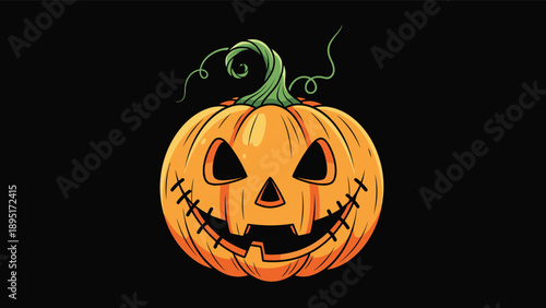 Classic orange jack o lantern pumpkin with a scary face carving on a solid black background for halloween celebration.